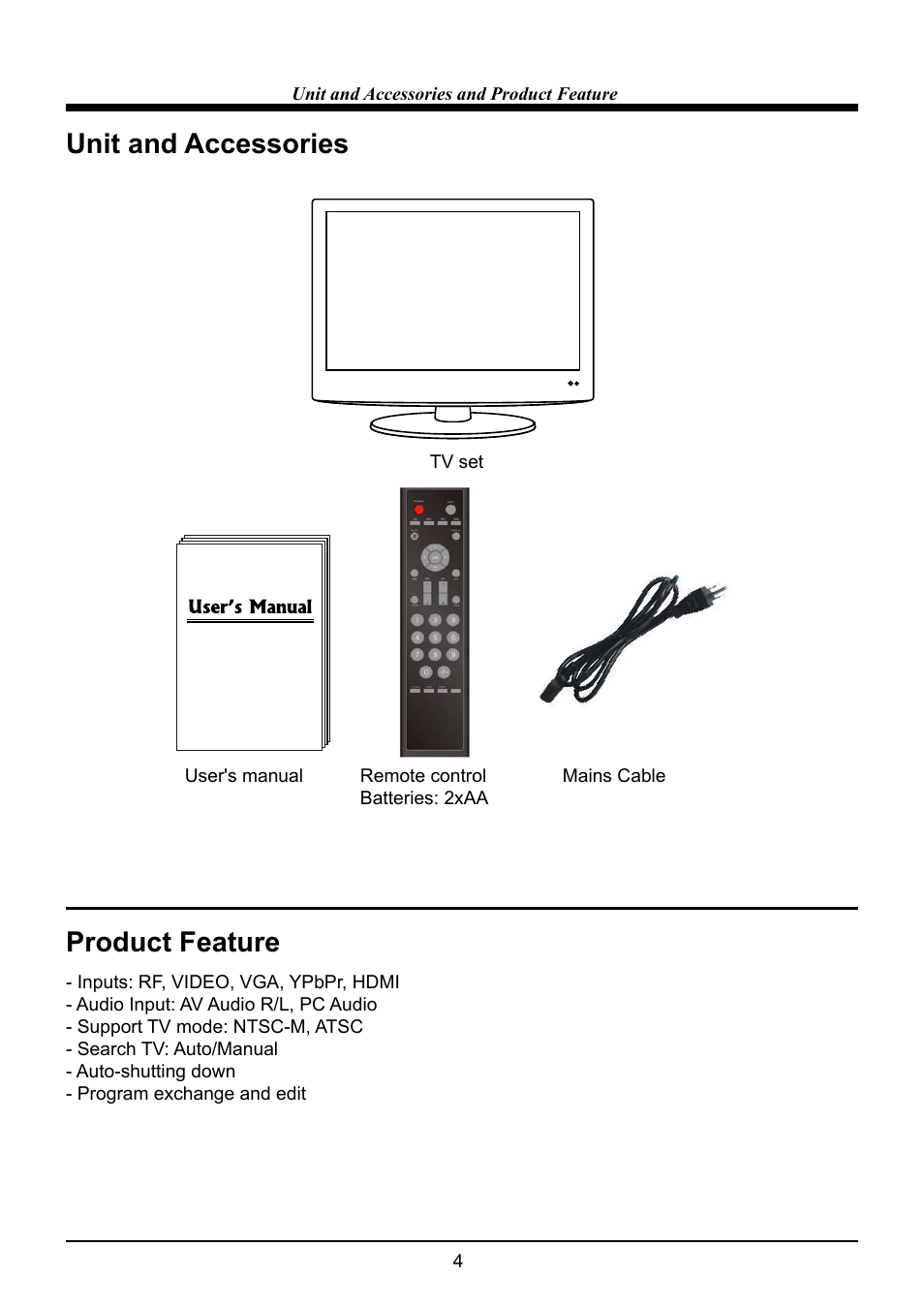 Unit and accessories, Product feature | VIORE LC22VF59 User Manual | Page 6 / 28