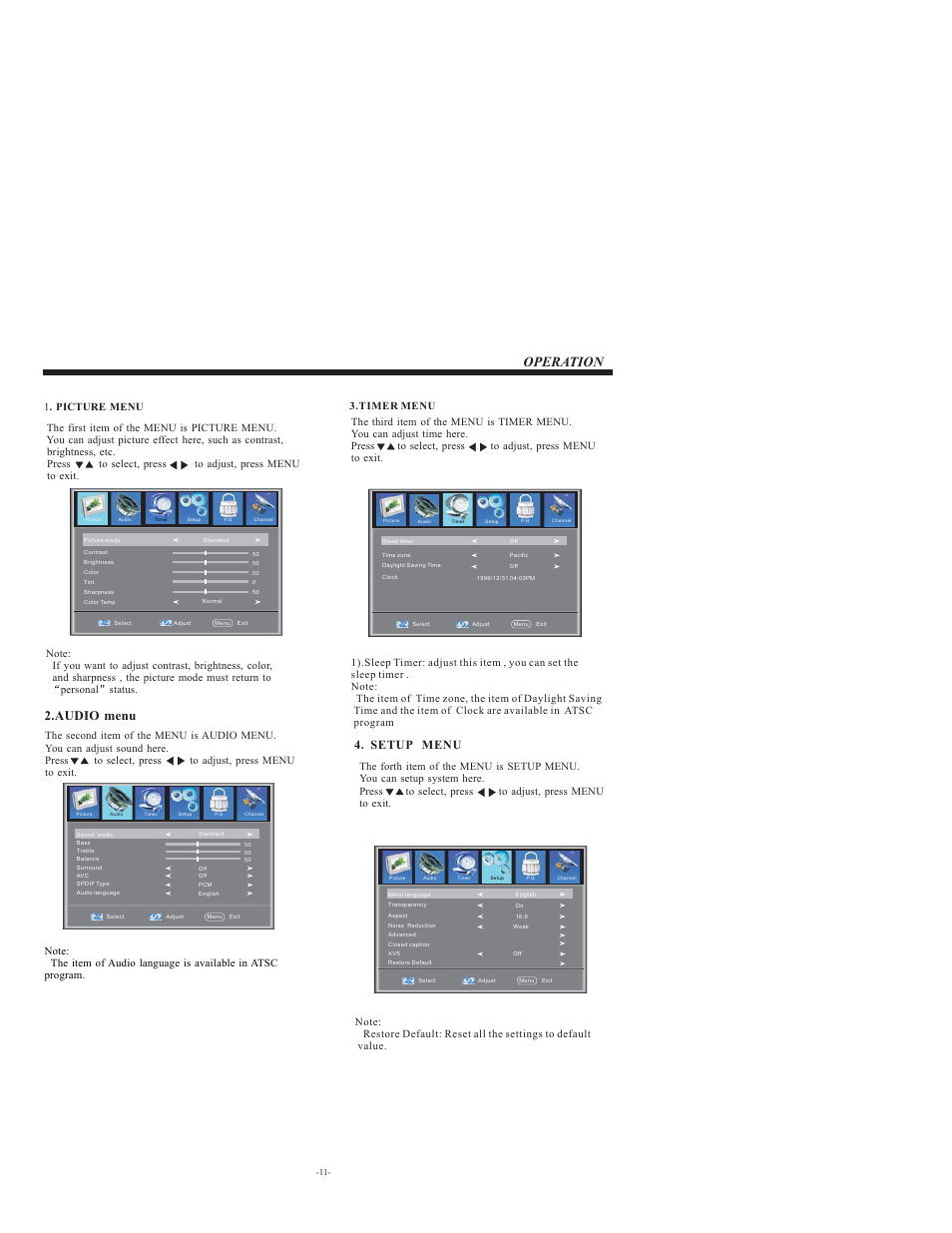 Operation, Audio menu, Setup menu | VIORE LCD32VH65MV User Manual | Page 12 / 26