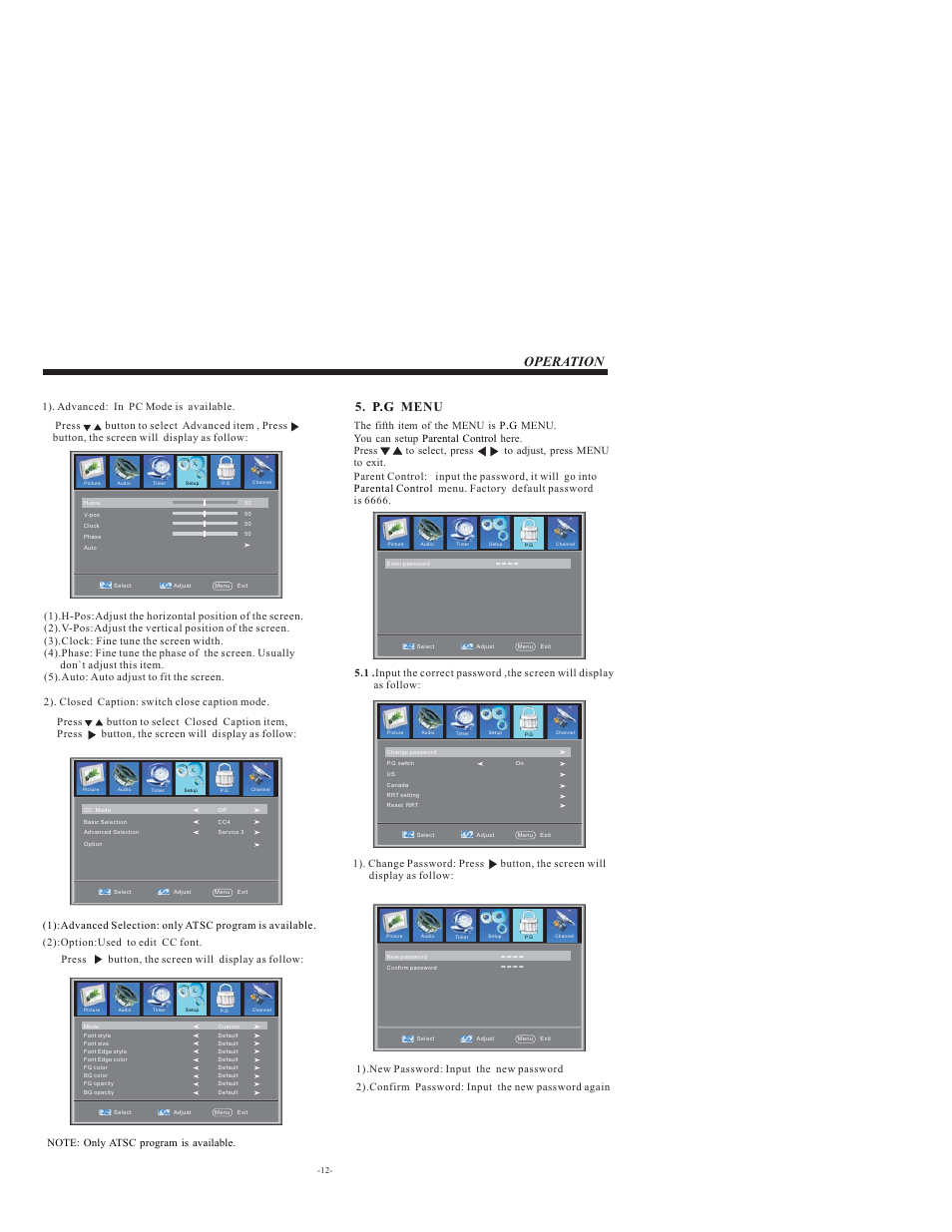 Operation, Menu p.g | VIORE LCD32VH65MV User Manual | Page 13 / 26