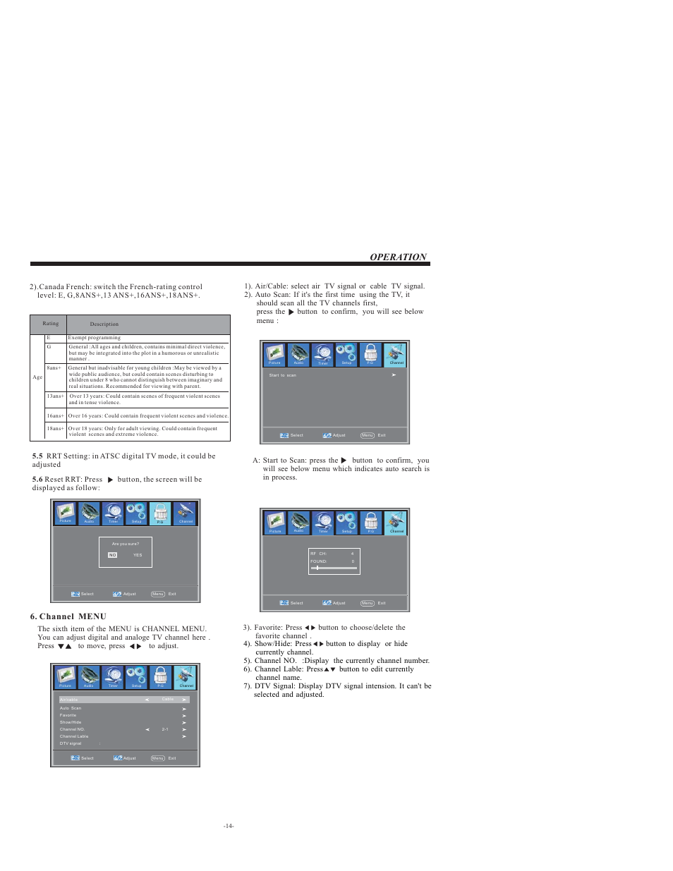 Operation, Channel menu | VIORE LCD32VH65MV User Manual | Page 15 / 26
