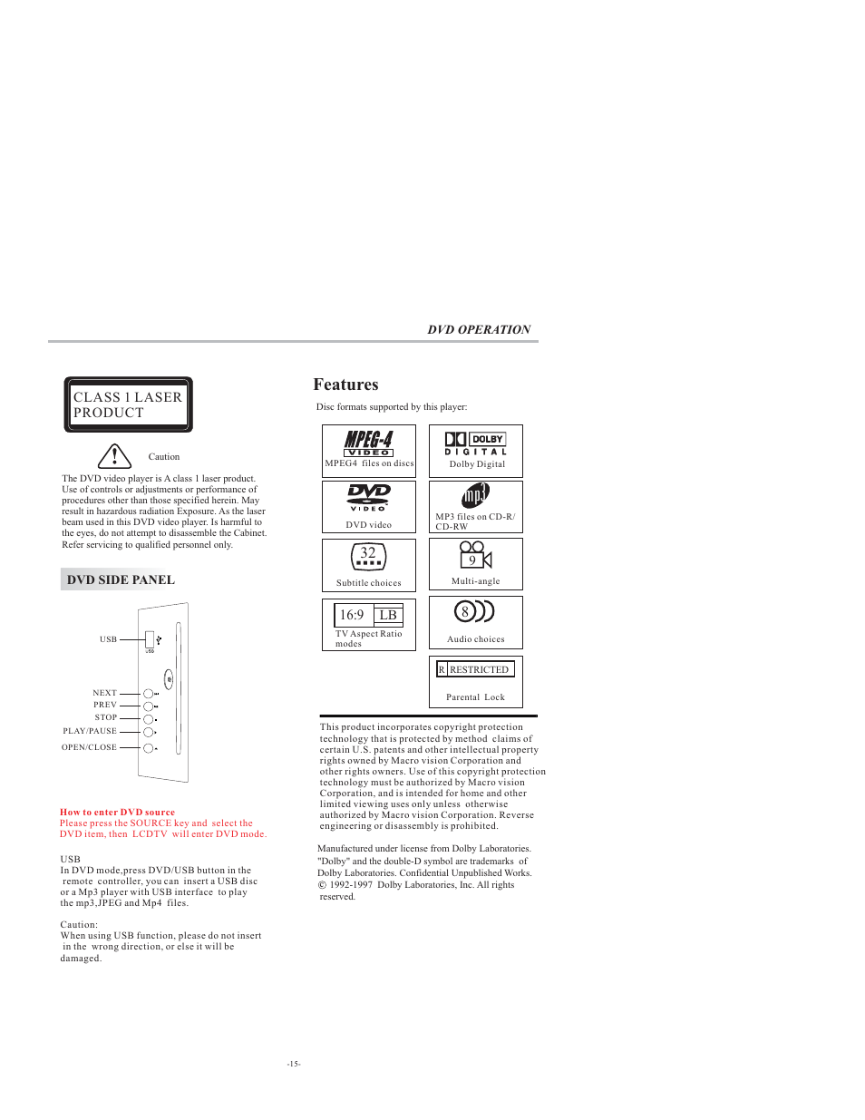 Features, Class 1 laser product, 9 lb | VIORE LCD32VH65MV User Manual | Page 16 / 26