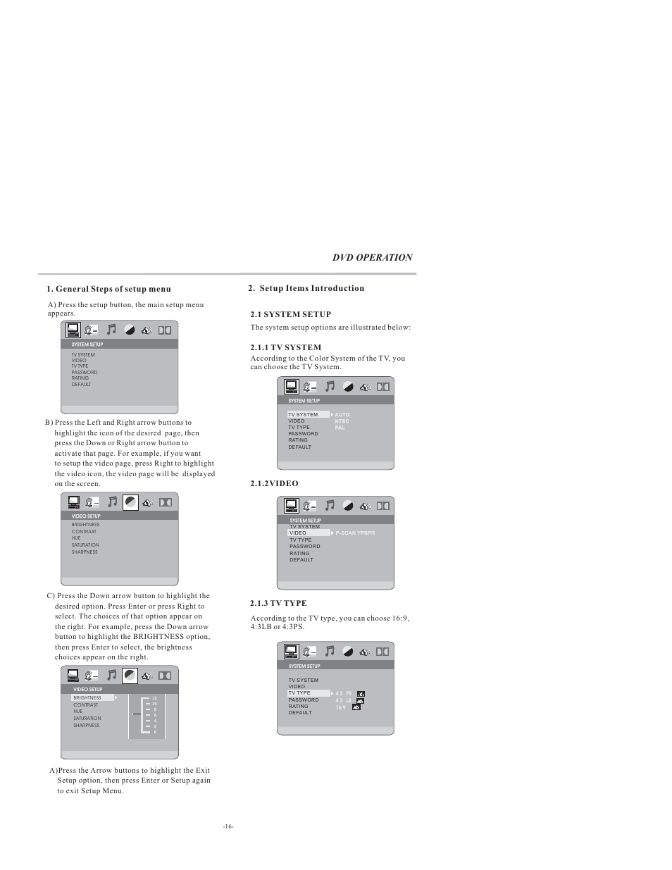 Dvd operation, General steps of setup menu, Setup items introduction | VIORE LCD32VH65MV User Manual | Page 17 / 26