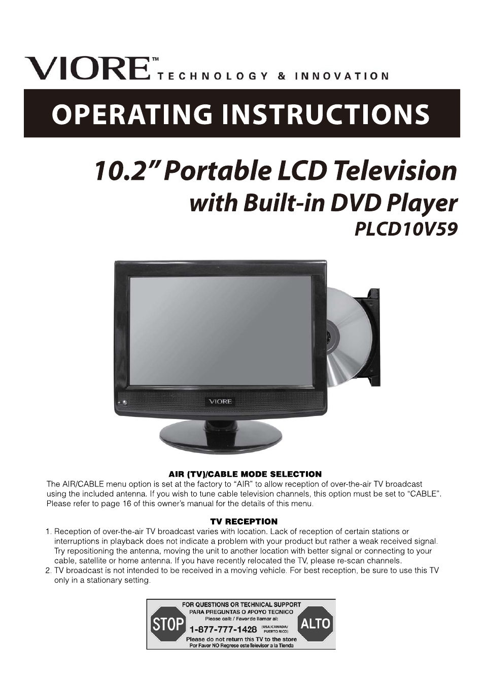VIORE 10.2" PORTABLE LCD TELEVISION WITH BUILT-IN DVD PLAYER PLCD10V59 User Manual | 32 pages