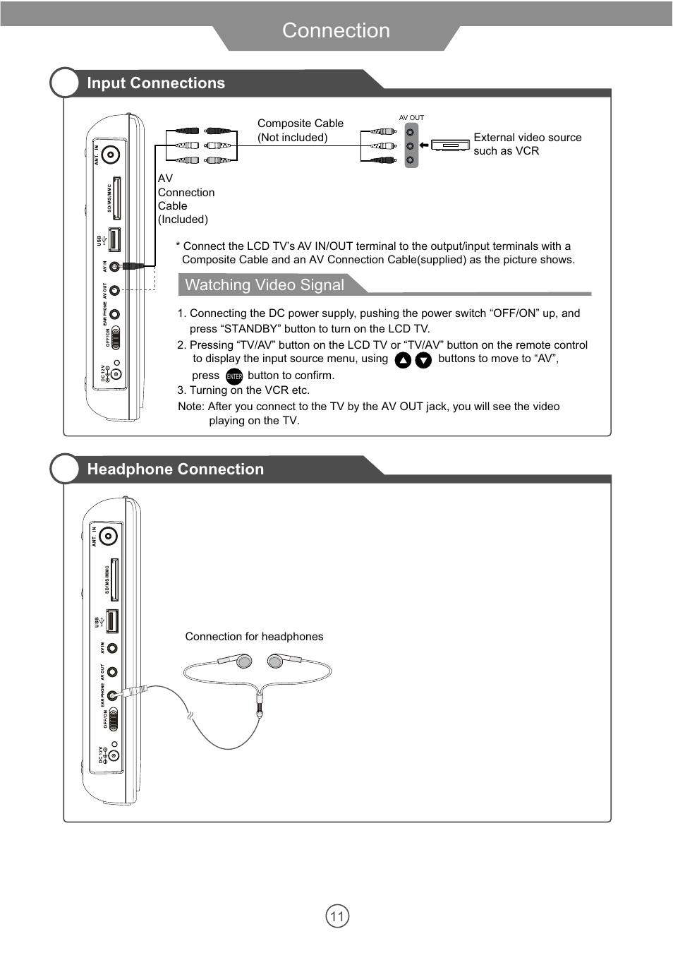 Connection, Input connections headphone connection, Watching video signal | VIORE 10.2" PORTABLE LCD TELEVISION WITH BUILT-IN DVD PLAYER PLCD10V59 User Manual | Page 14 / 32