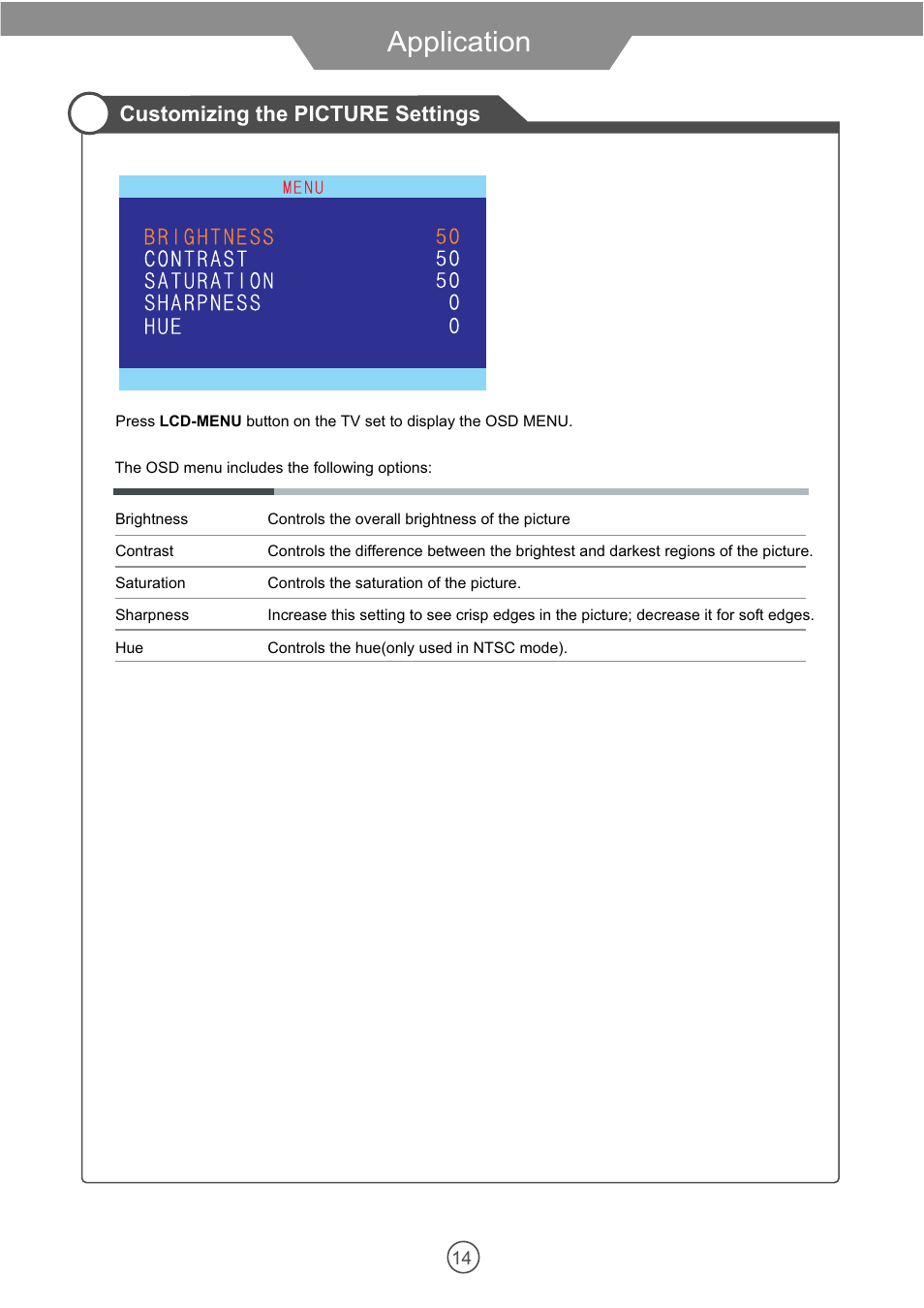 Application, Customizing the picture settings | VIORE 10.2" PORTABLE LCD TELEVISION WITH BUILT-IN DVD PLAYER PLCD10V59 User Manual | Page 17 / 32