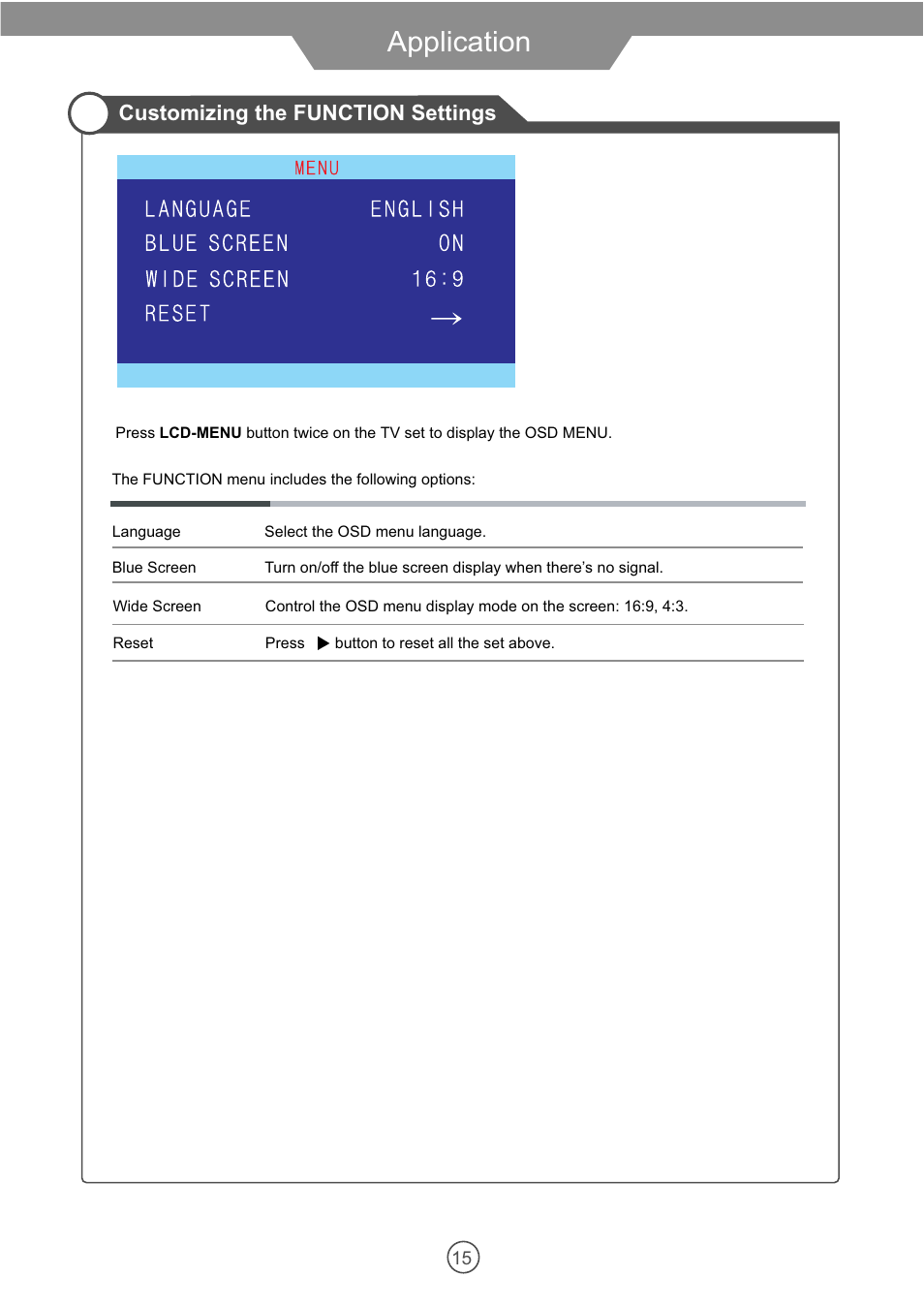 Application, Customizing the function settings | VIORE 10.2" PORTABLE LCD TELEVISION WITH BUILT-IN DVD PLAYER PLCD10V59 User Manual | Page 18 / 32