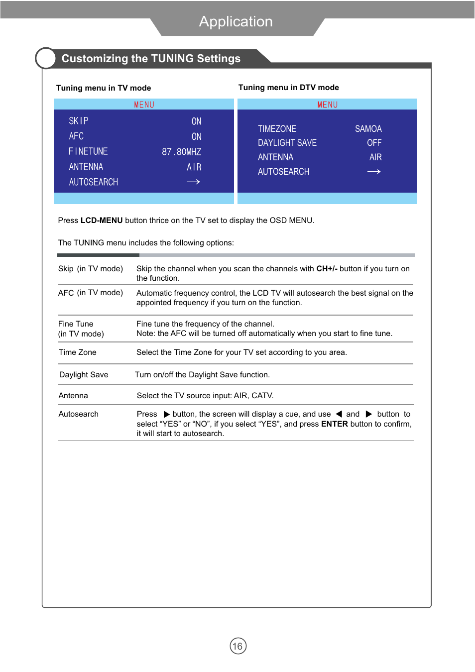 Application, Customizing the tuning settings | VIORE 10.2" PORTABLE LCD TELEVISION WITH BUILT-IN DVD PLAYER PLCD10V59 User Manual | Page 19 / 32