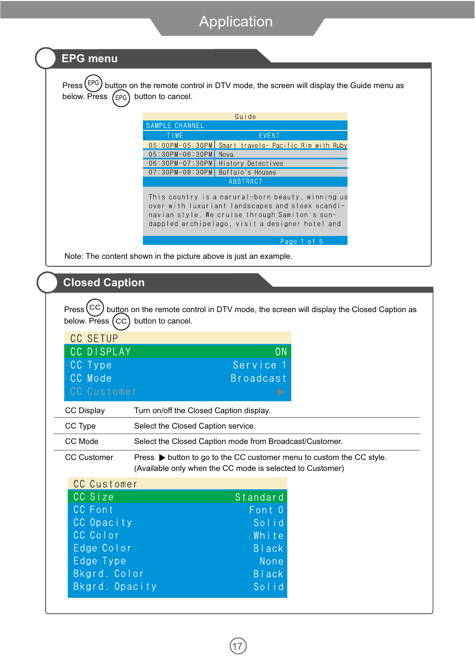 Application, Epg menu, Closed caption | VIORE 10.2" PORTABLE LCD TELEVISION WITH BUILT-IN DVD PLAYER PLCD10V59 User Manual | Page 20 / 32