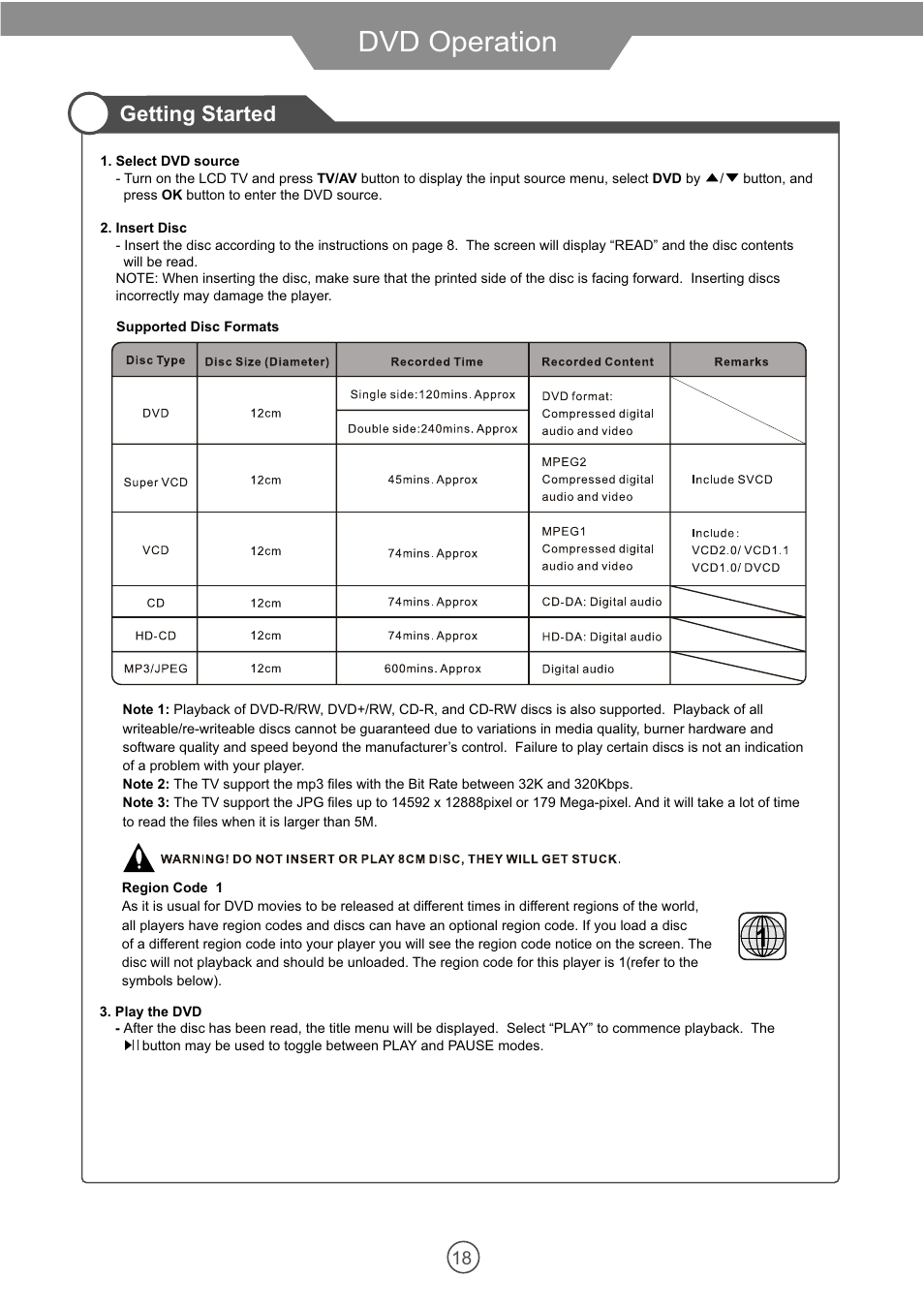 Dvd operation, Getting started | VIORE 10.2" PORTABLE LCD TELEVISION WITH BUILT-IN DVD PLAYER PLCD10V59 User Manual | Page 21 / 32