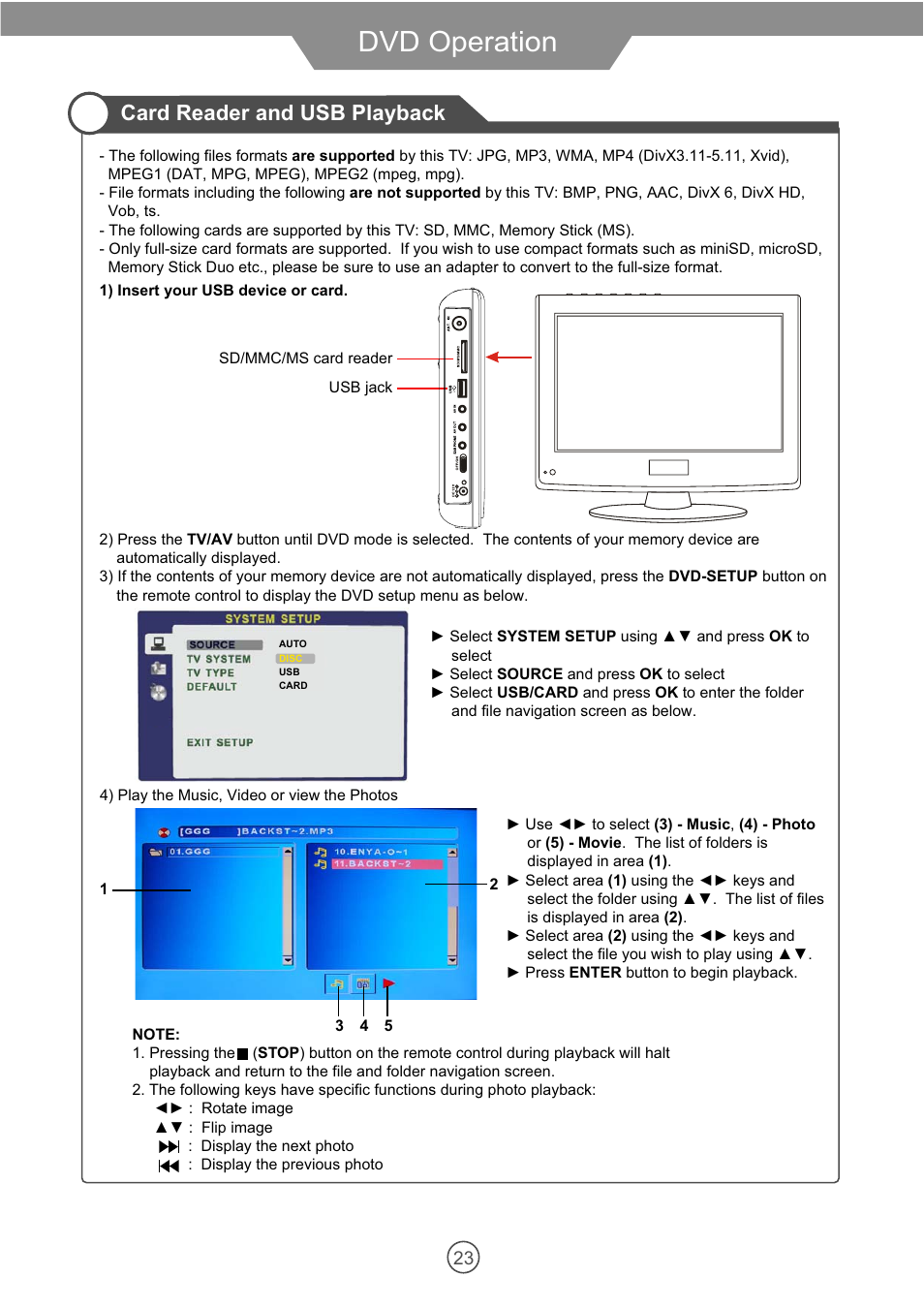 Dvd operation, Card reader and usb playback | VIORE 10.2" PORTABLE LCD TELEVISION WITH BUILT-IN DVD PLAYER PLCD10V59 User Manual | Page 26 / 32