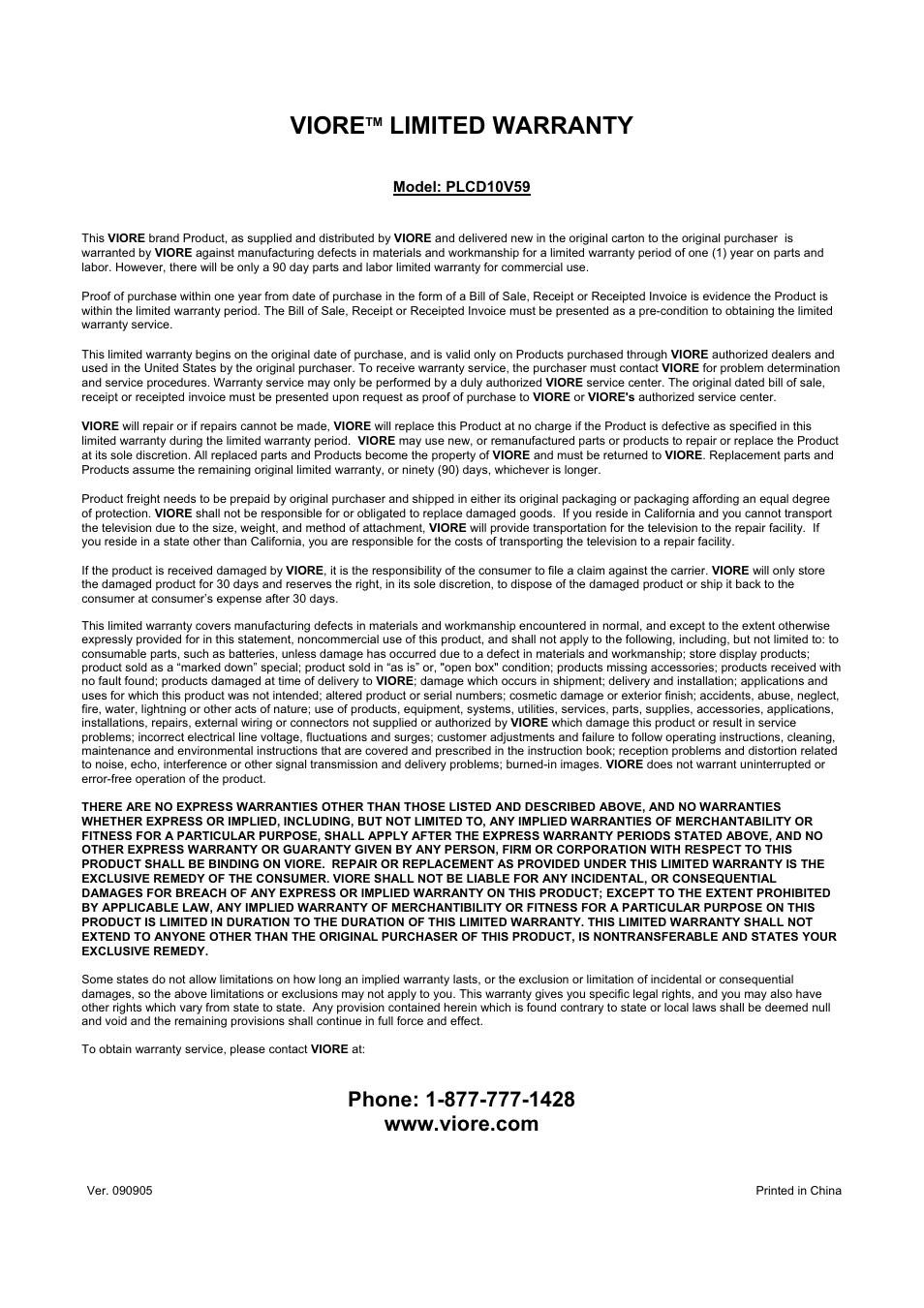 Viore, Limited warranty | VIORE 10.2" PORTABLE LCD TELEVISION WITH BUILT-IN DVD PLAYER PLCD10V59 User Manual | Page 31 / 32