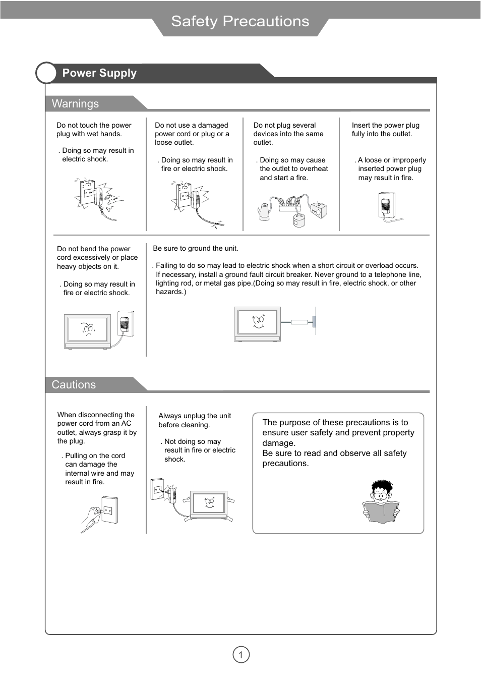 Safety precautions, Warnings cautions, Power supply | VIORE 10.2" PORTABLE LCD TELEVISION WITH BUILT-IN DVD PLAYER PLCD10V59 User Manual | Page 4 / 32
