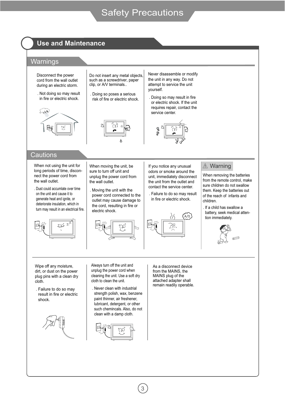 Safety precautions, Warnings cautions, Use and maintenance | VIORE 10.2" PORTABLE LCD TELEVISION WITH BUILT-IN DVD PLAYER PLCD10V59 User Manual | Page 6 / 32