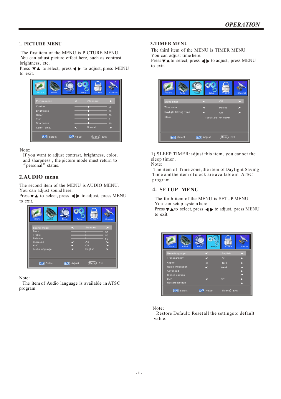 Т³гж 12, Operation, Audio menu | Setup menu | VIORE LC22VH56PB User Manual | Page 12 / 17