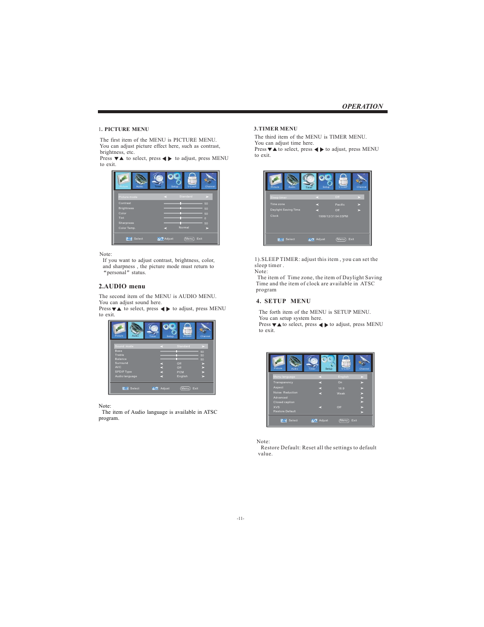 Operation, Audio menu, Setup menu | VIORE LCD19VX60PB1 User Manual | Page 12 / 22