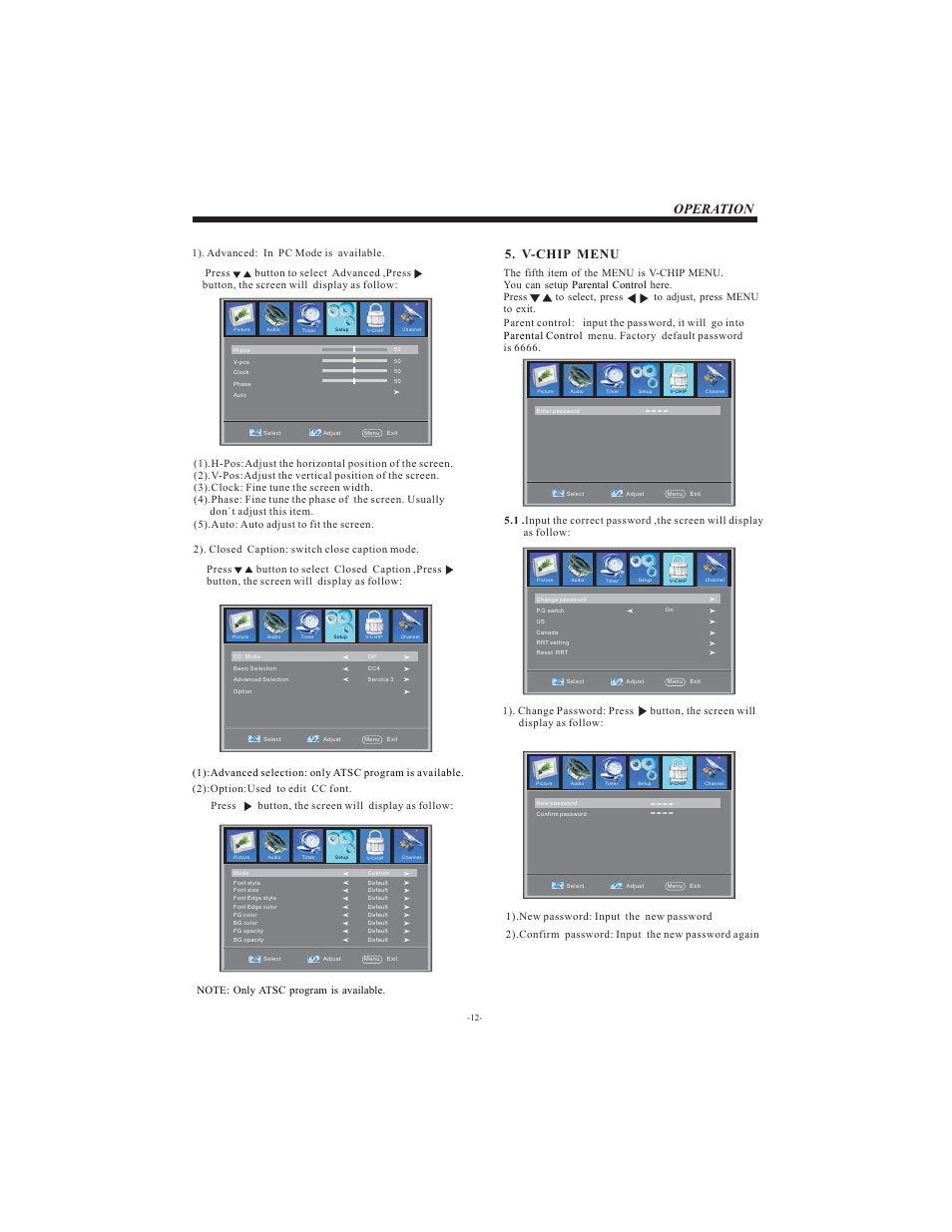 Operation, V-chip menu | VIORE LCD19VX60PB1 User Manual | Page 13 / 22