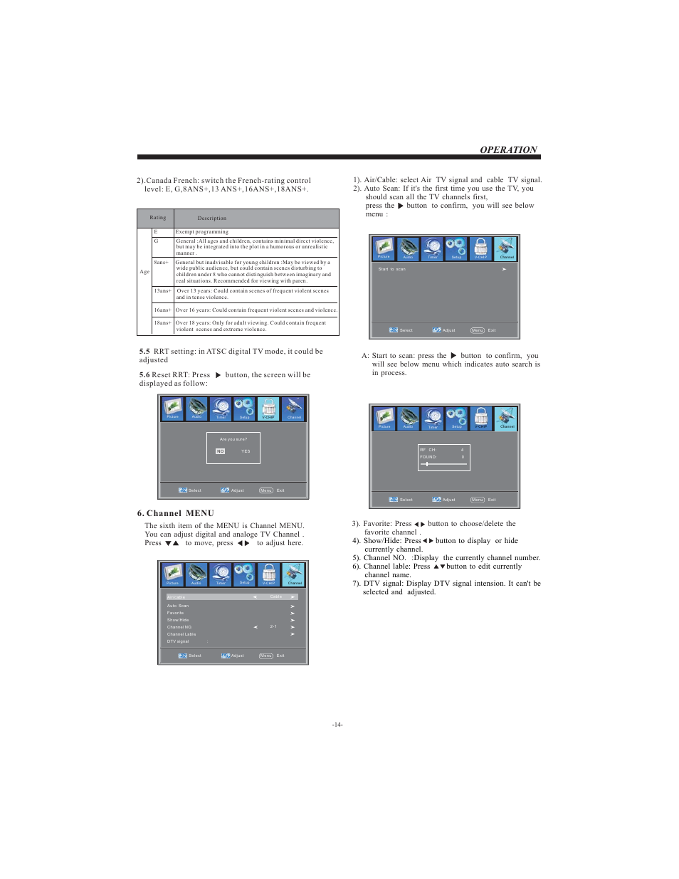 Operation, Channel menu | VIORE LCD19VX60PB1 User Manual | Page 15 / 22