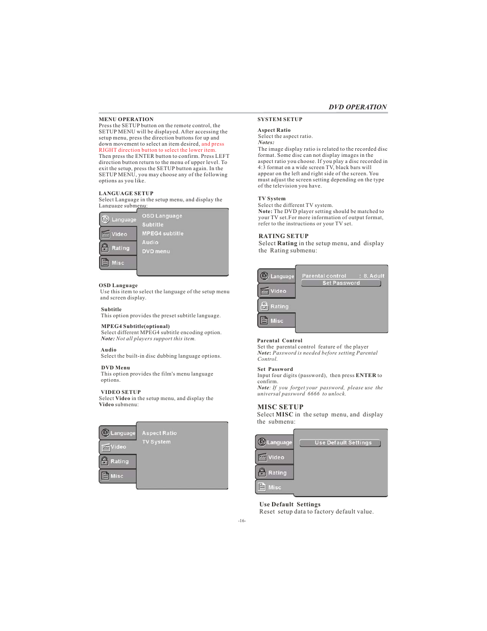 Dvd operation, Misc setup | VIORE LCD19VX60PB1 User Manual | Page 17 / 22