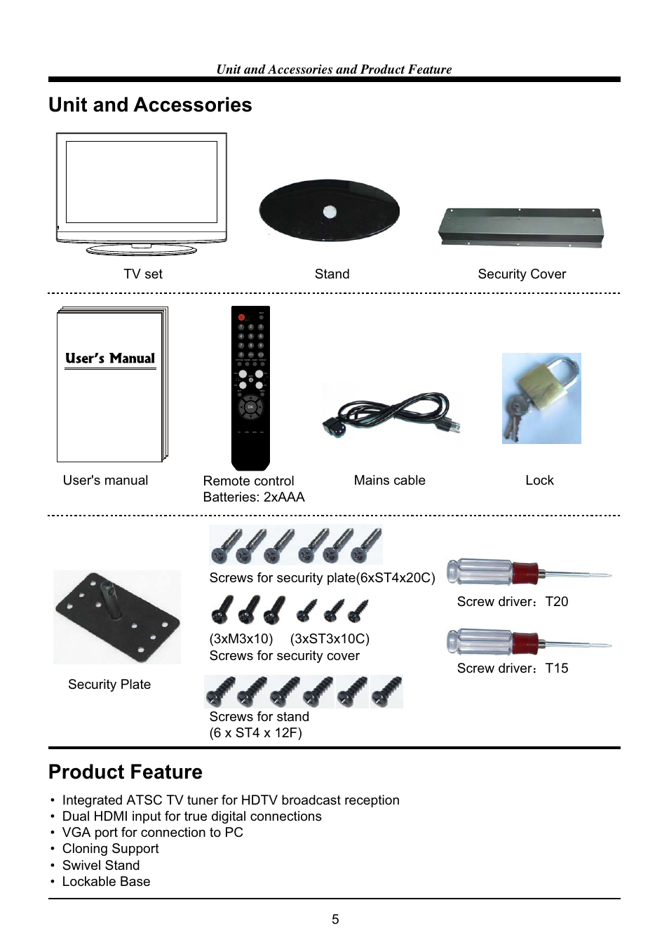 Unit and accessories, Product feature, Unit and accessories and product feature | VIORE LC40VF5HTL User Manual | Page 6 / 28