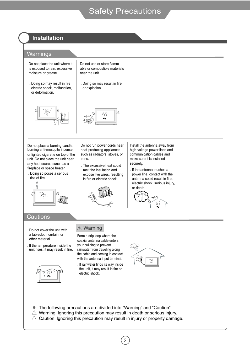 Safety precautions, Warnings cautions, Installation | VIORE PLC10V49 User Manual | Page 5 / 28