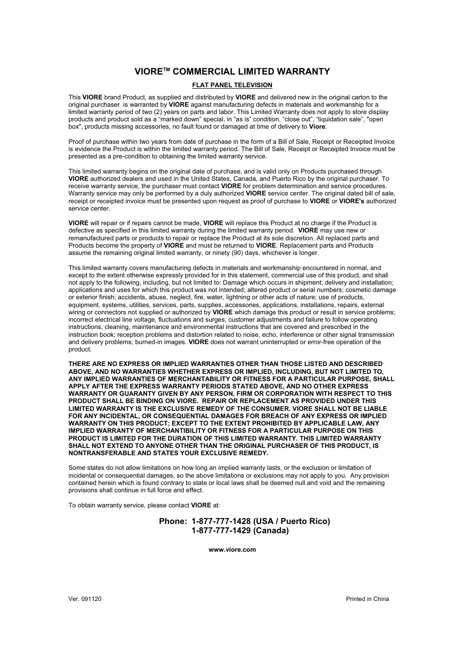 Viore, Commercial limited warranty | VIORE LC32VH5HTL User Manual | Page 28 / 28