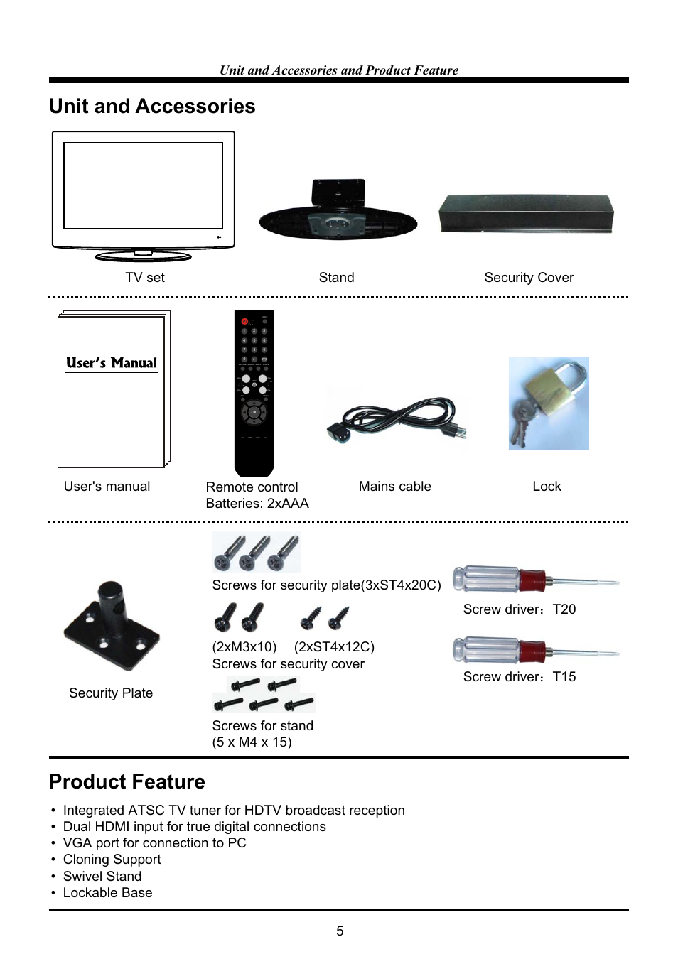 Unit and accessories, Product feature, Unit and accessories and product feature | VIORE LC32VH5HTL User Manual | Page 6 / 28