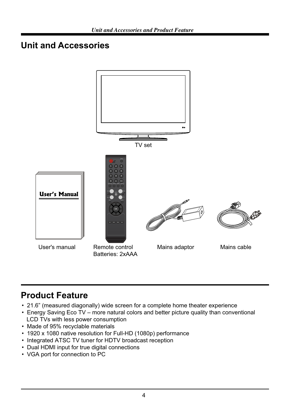 Unit and accessories, Product feature, 4unit and accessories and product feature | VIORE LED22VF60 User Manual | Page 6 / 25