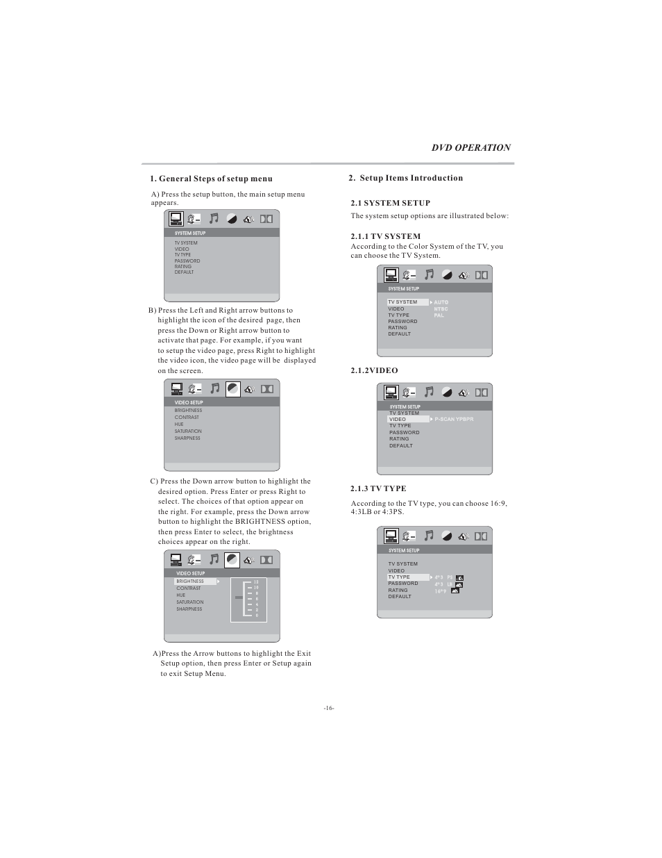 Dvd operation, General steps of setup menu, Setup items introduction | VIORE LCD19VH65 User Manual | Page 17 / 26