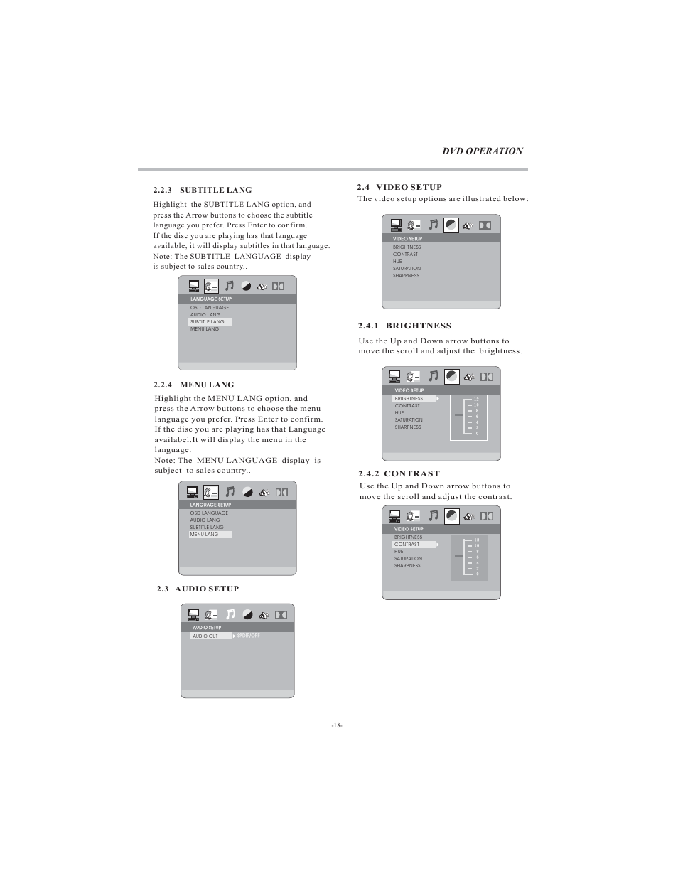 Dvd operation, 3 subtitle lang, 4 menu lang | 3 audio setup, 4 video setup, 1 brightness, 2 contrast | VIORE LCD19VH65 User Manual | Page 19 / 26