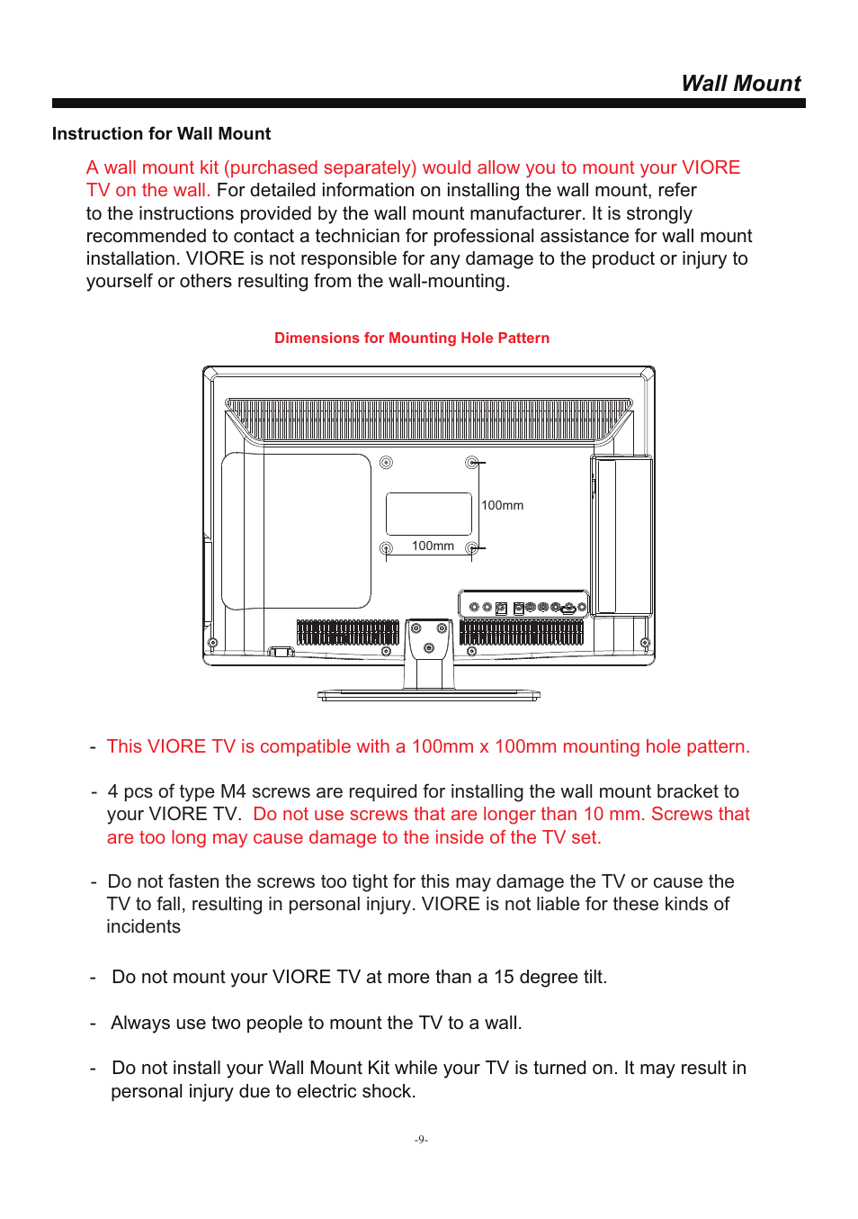 页 10, Wall mount | VIORE LED22VF50 User Manual | Page 10 / 19