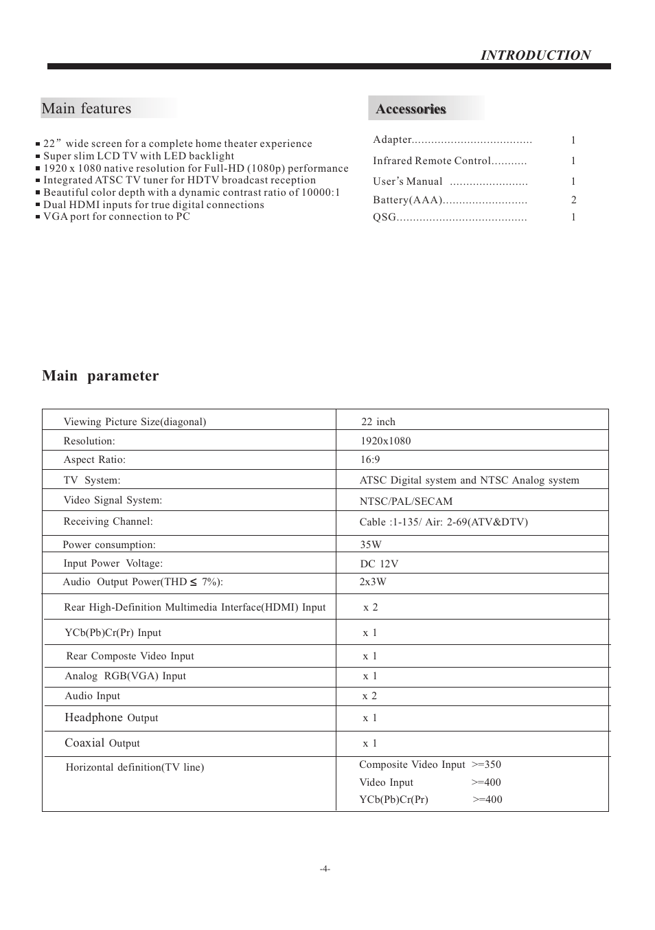 Main features, Main parameter, Introduction | Accessories | VIORE LED22VF50 User Manual | Page 5 / 19