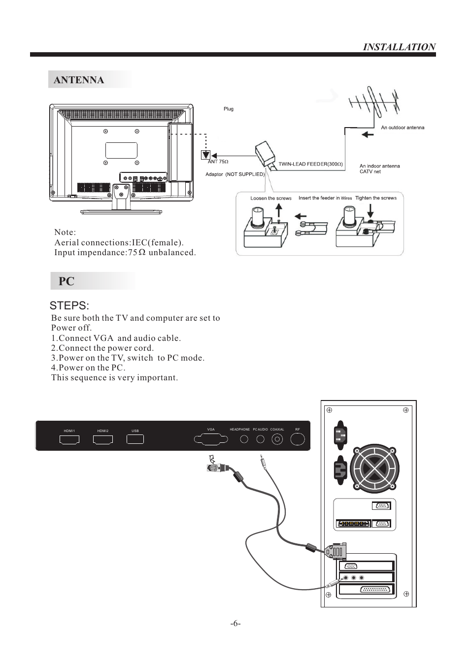 Steps, Antenna installation | VIORE LED22VF50 User Manual | Page 7 / 19