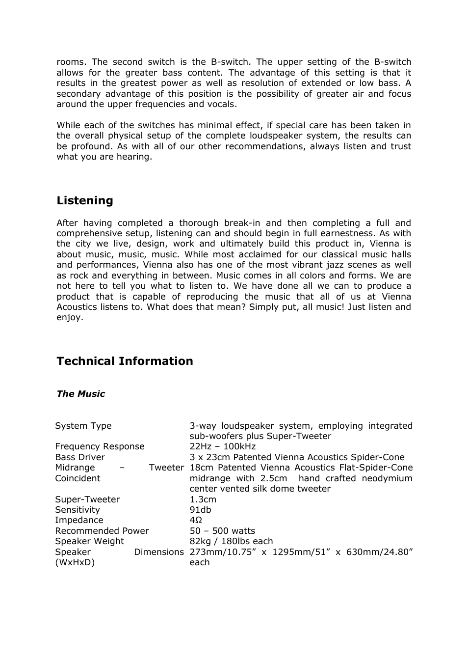 Listening, Technical information | Vienna Acoustics Klimt The Kiss User Manual | Page 12 / 13