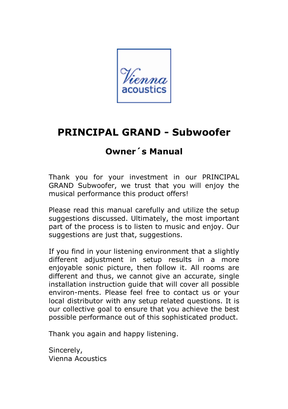 Vienna Acoustics Principal Grand User Manual | 12 pages