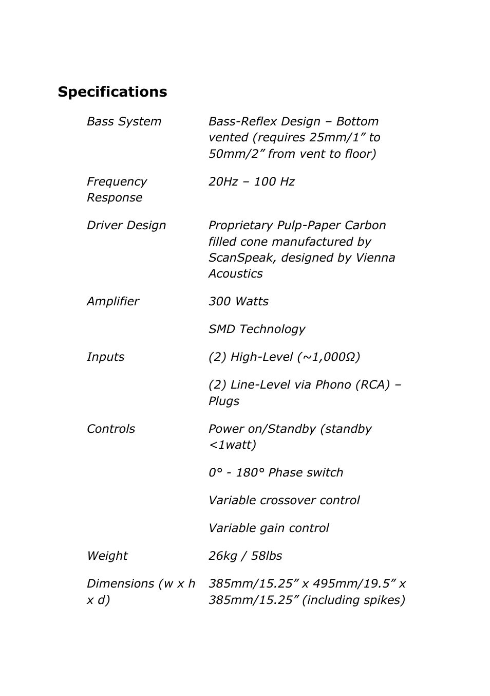 Specifications | Vienna Acoustics Principal Grand User Manual | Page 12 / 12