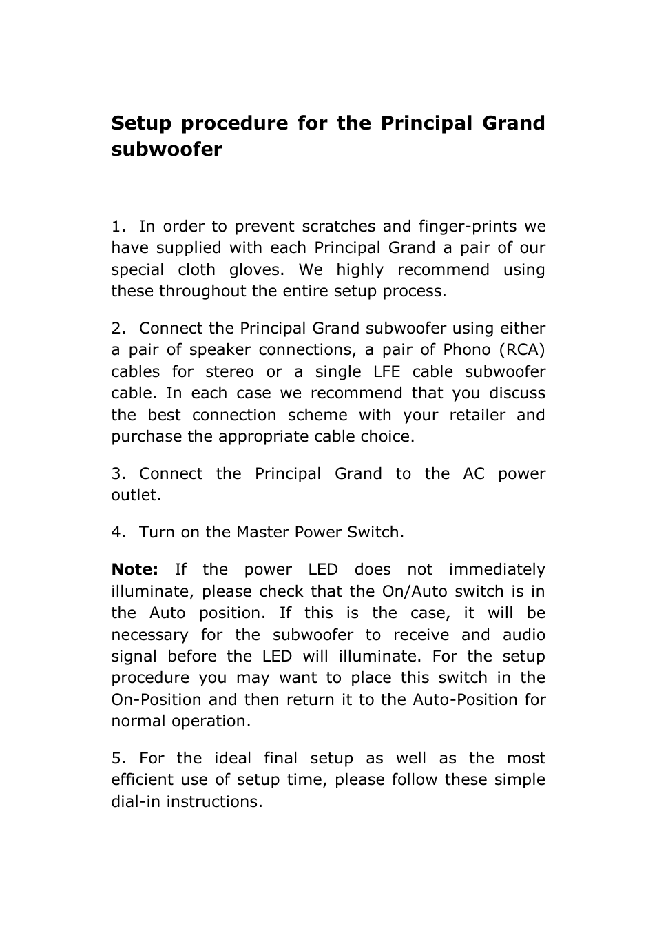 Setup procedure for the principal grand subwoofer | Vienna Acoustics Principal Grand User Manual | Page 9 / 12