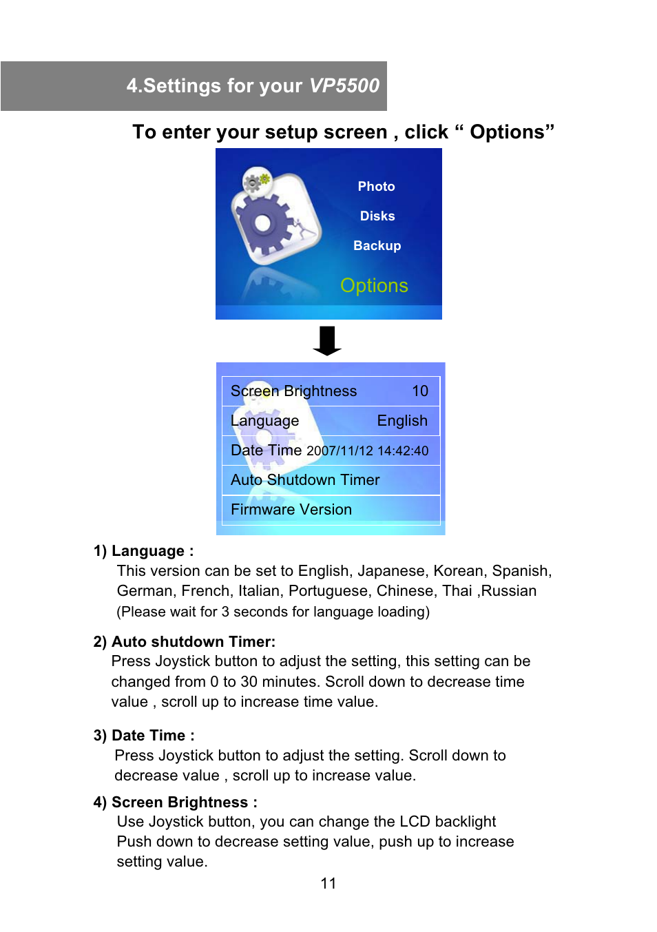 Options, Settings for your vp5500 | VOSONIC Portable Photo Storage VP5500 User Manual | Page 11 / 31