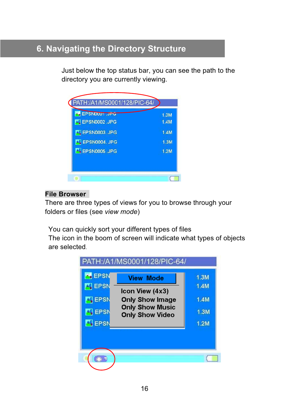 Navigating the directory structure | VOSONIC Portable Photo Storage VP5500 User Manual | Page 16 / 31