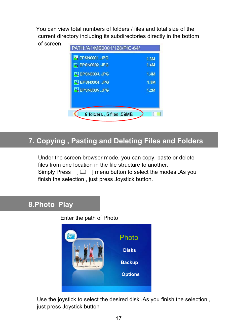 Copying , pasting and deleting files and folders, Photo, Photo play | VOSONIC Portable Photo Storage VP5500 User Manual | Page 17 / 31