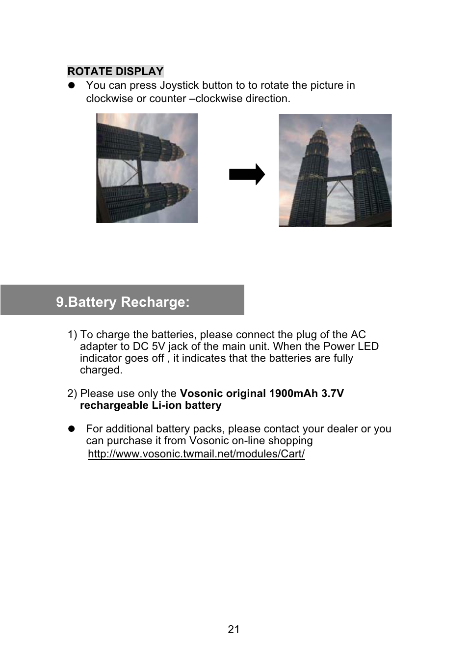 Battery recharge | VOSONIC Portable Photo Storage VP5500 User Manual | Page 21 / 31