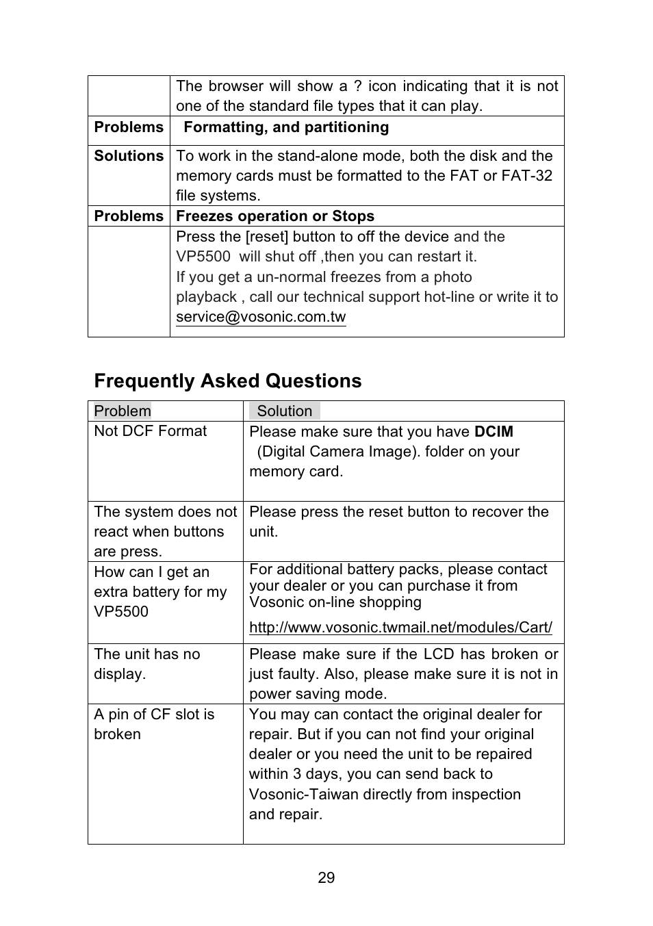 Frequently asked questions | VOSONIC Portable Photo Storage VP5500 User Manual | Page 29 / 31