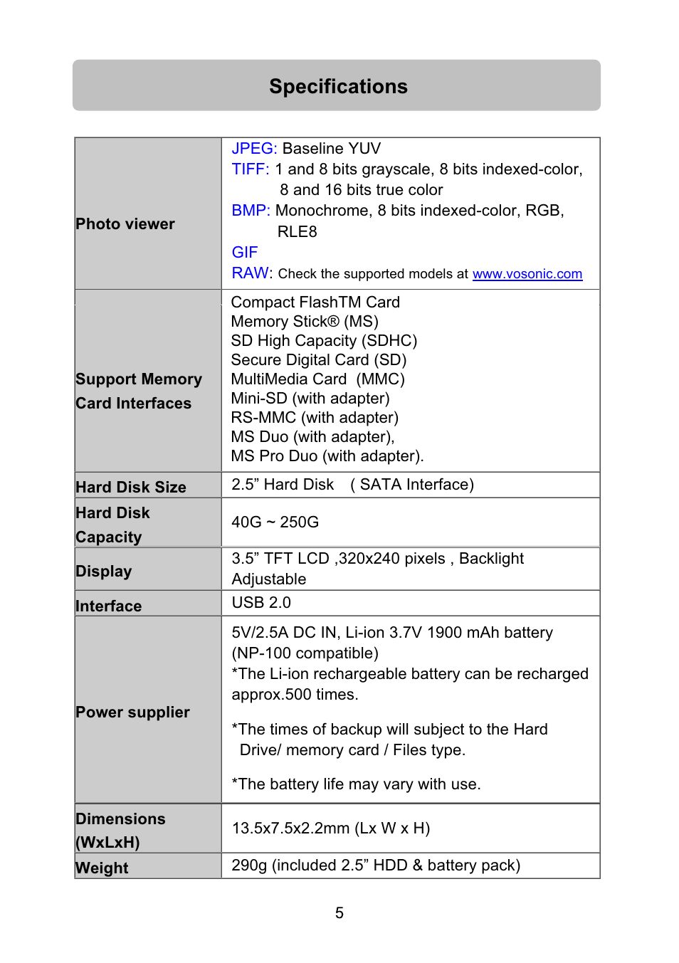 Specifications | VOSONIC Portable Photo Storage VP5500 User Manual | Page 5 / 31