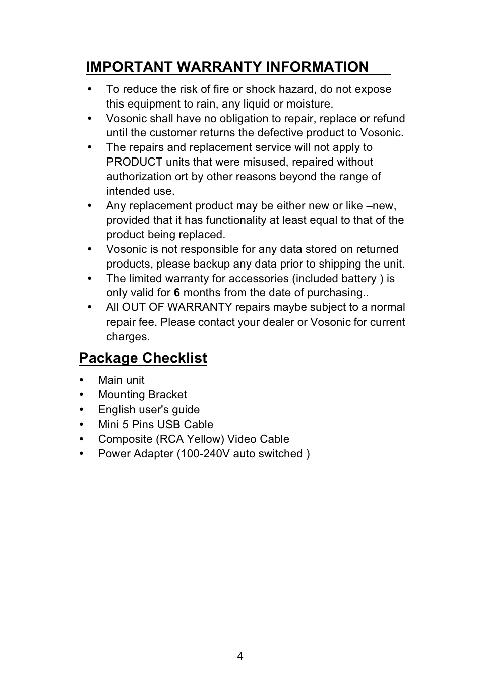 Important warranty information, Package checklist | VOSONIC GV6200 User Manual | Page 4 / 22