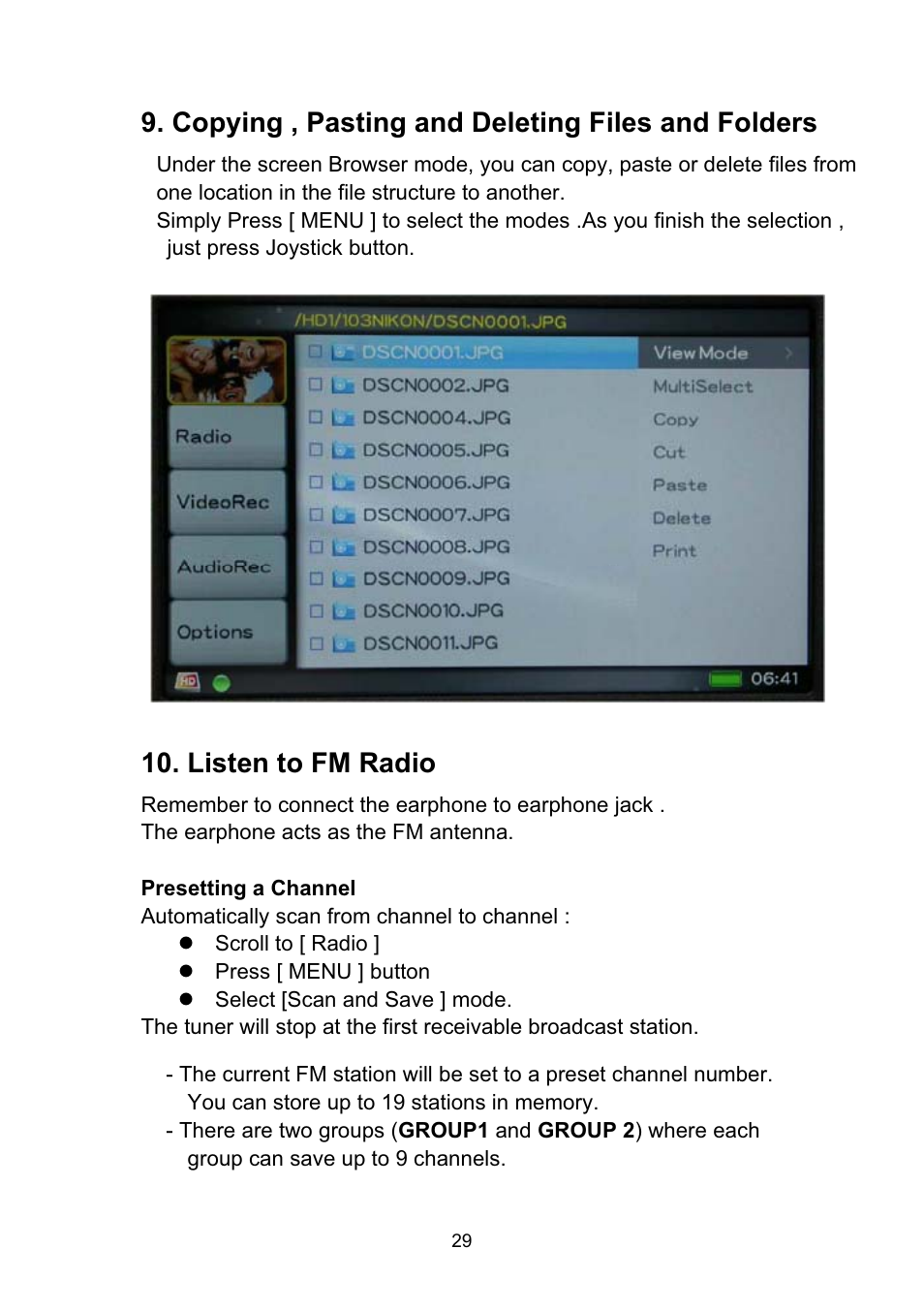 Copying , pasting and deleting files and folders, Listen to fm radio | VOSONIC VP8860 User Manual | Page 29 / 40