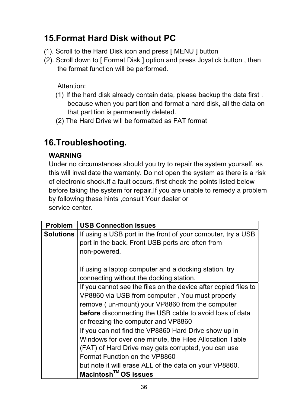 Format hard disk without pc, Troubleshooting | VOSONIC VP8860 User Manual | Page 36 / 40