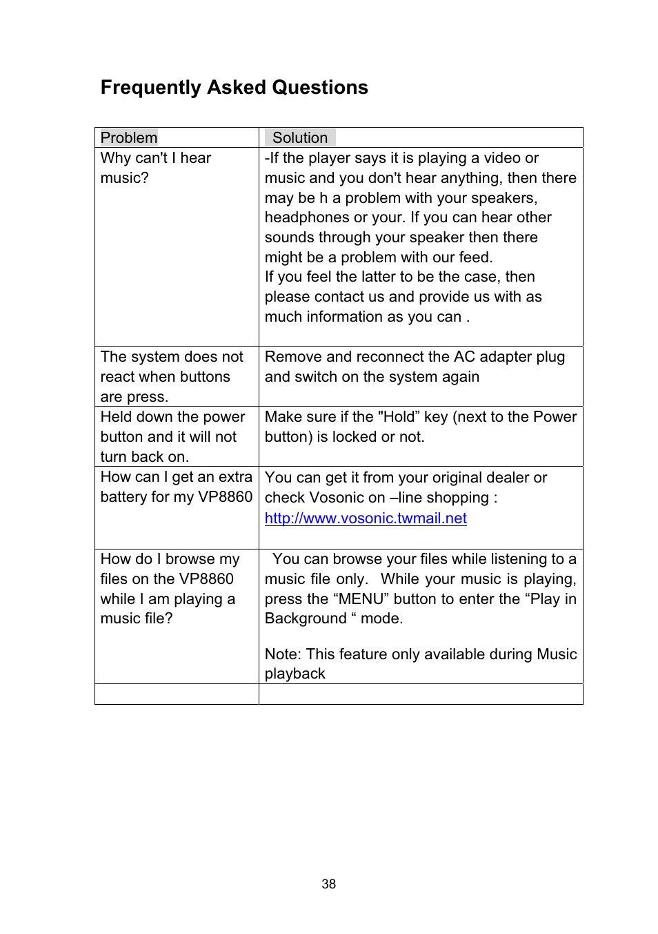 Frequently asked questions | VOSONIC VP8860 User Manual | Page 38 / 40