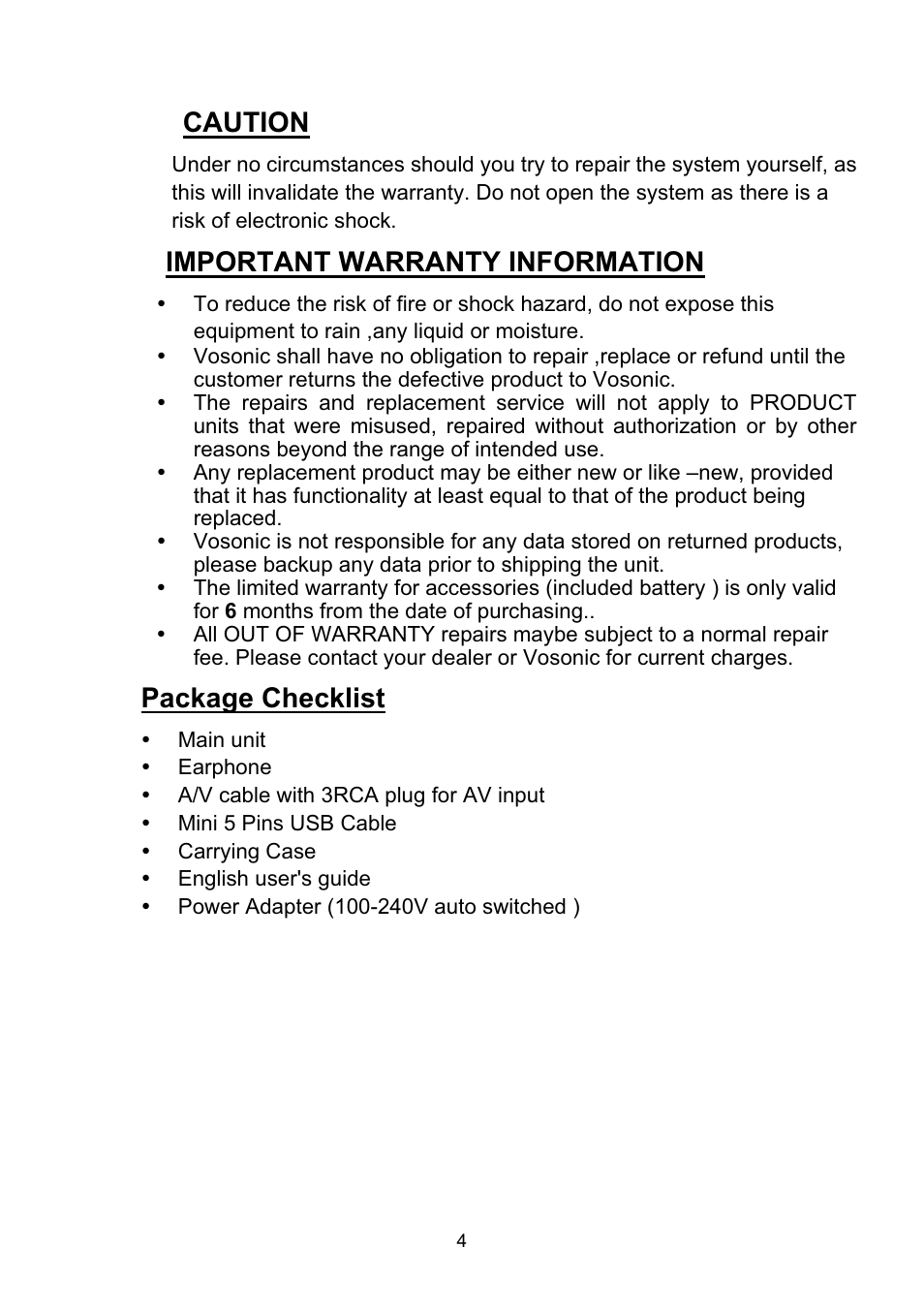 Caution, Important warranty information, Package checklist | VOSONIC VP8860 User Manual | Page 4 / 40
