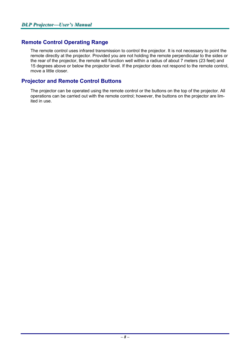 Remote control operating range, Projector and remote control buttons, Emote | Ontrol, Perating, Ange, Rojector and, Uttons | Vivitek D9 User Manual | Page 14 / 60