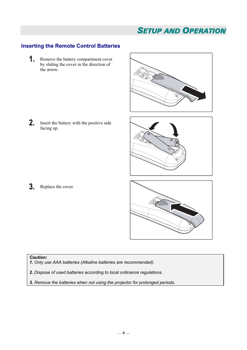 Setup and operation, Inserting the remote control batteries, Nserting the | Emote, Ontrol, Atteries | Vivitek D9 User Manual | Page 15 / 60