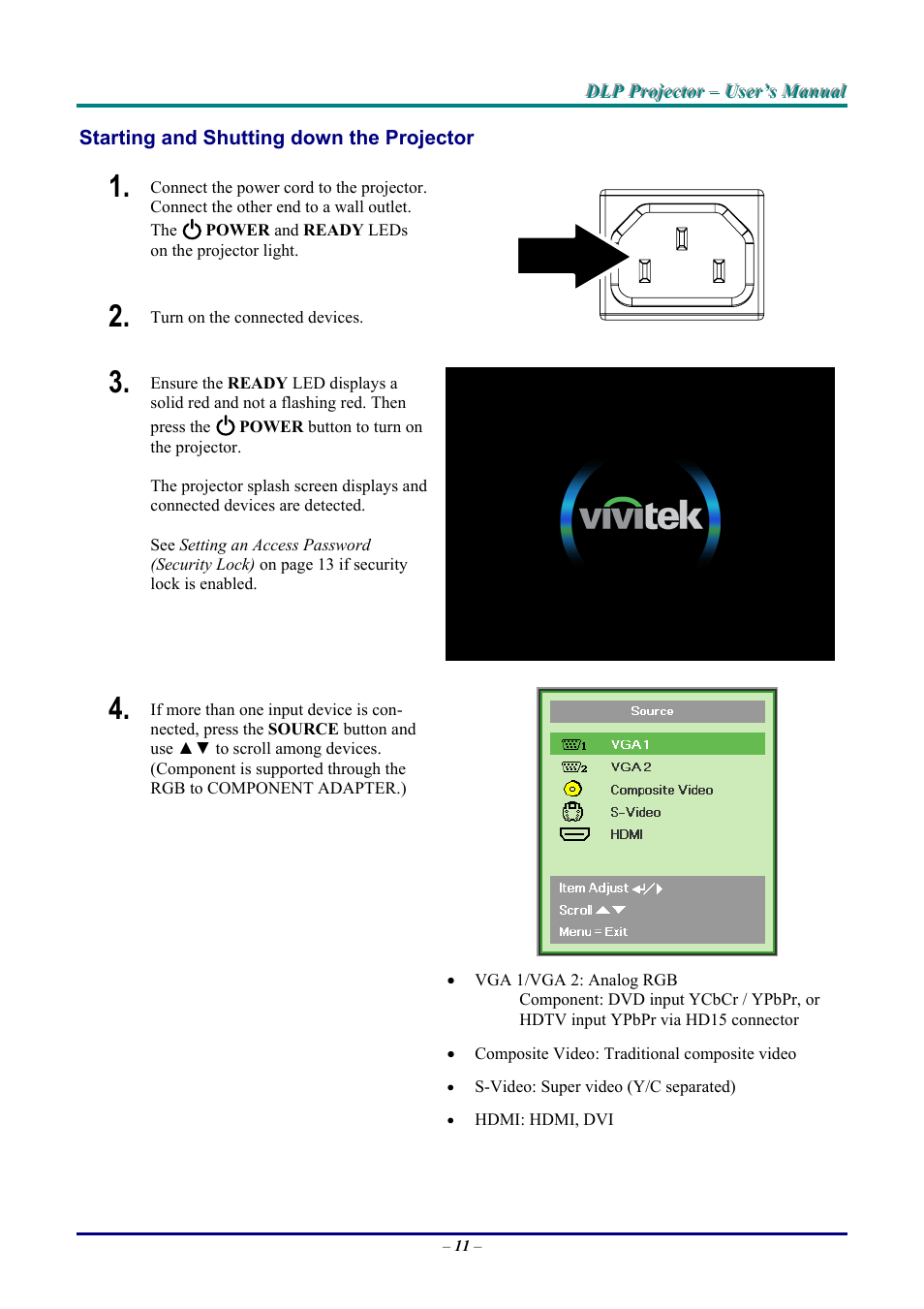 Starting and shutting down the projector, Tarting and, Hutting down the | Rojector | Vivitek D9 User Manual | Page 17 / 60